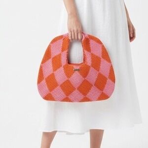 Pink Orange Argyle Knit Tote Bag
